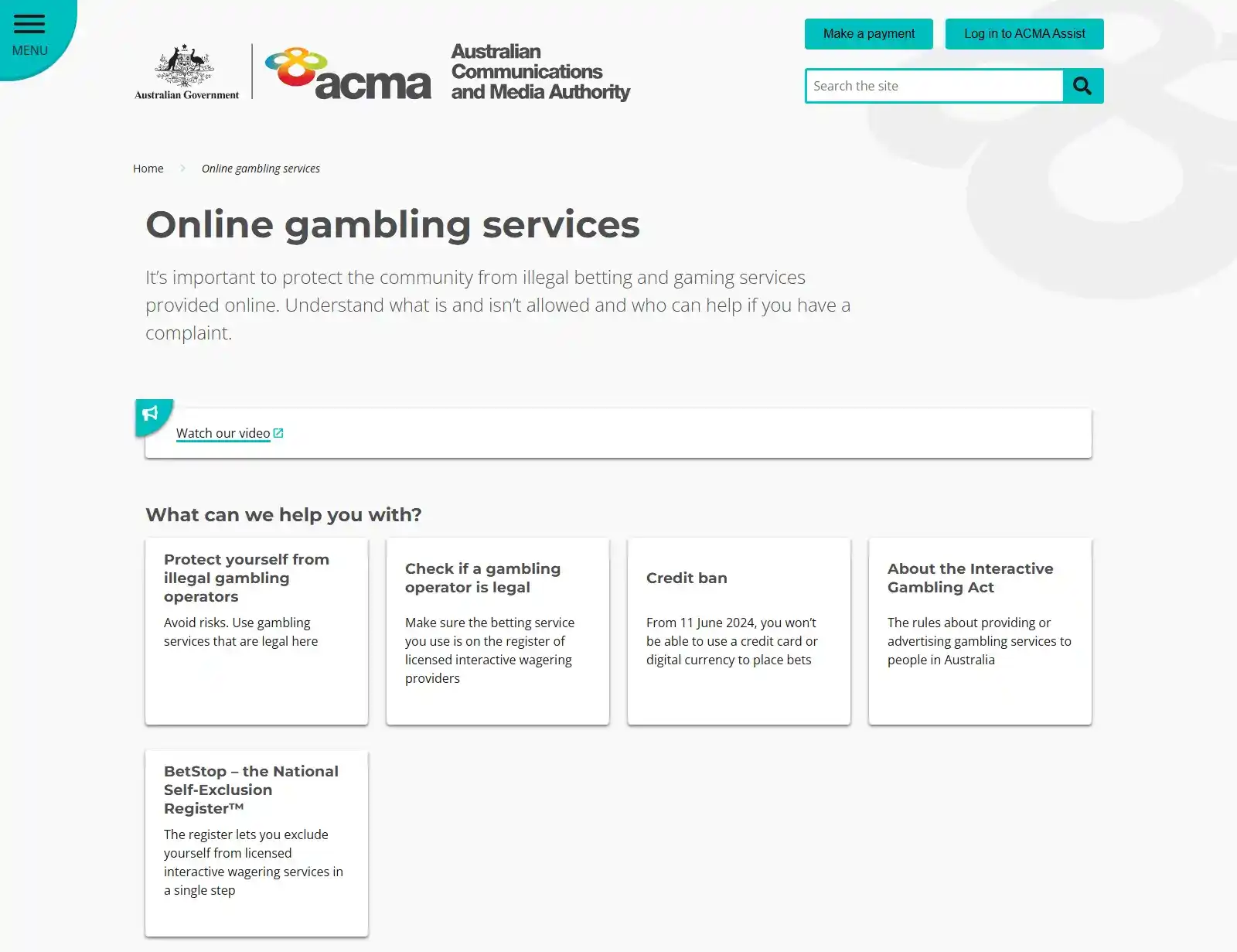 ACMA online gambling services page showing current Australian regulatory context